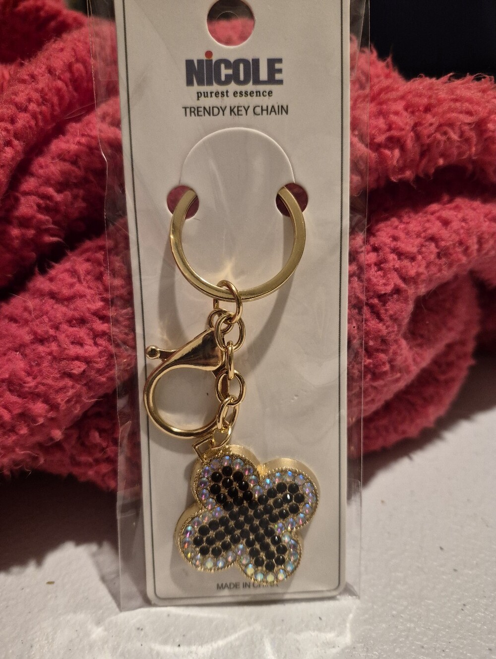 Elegant Rhinestone Gold Tone & Black Keychain Bag Charm